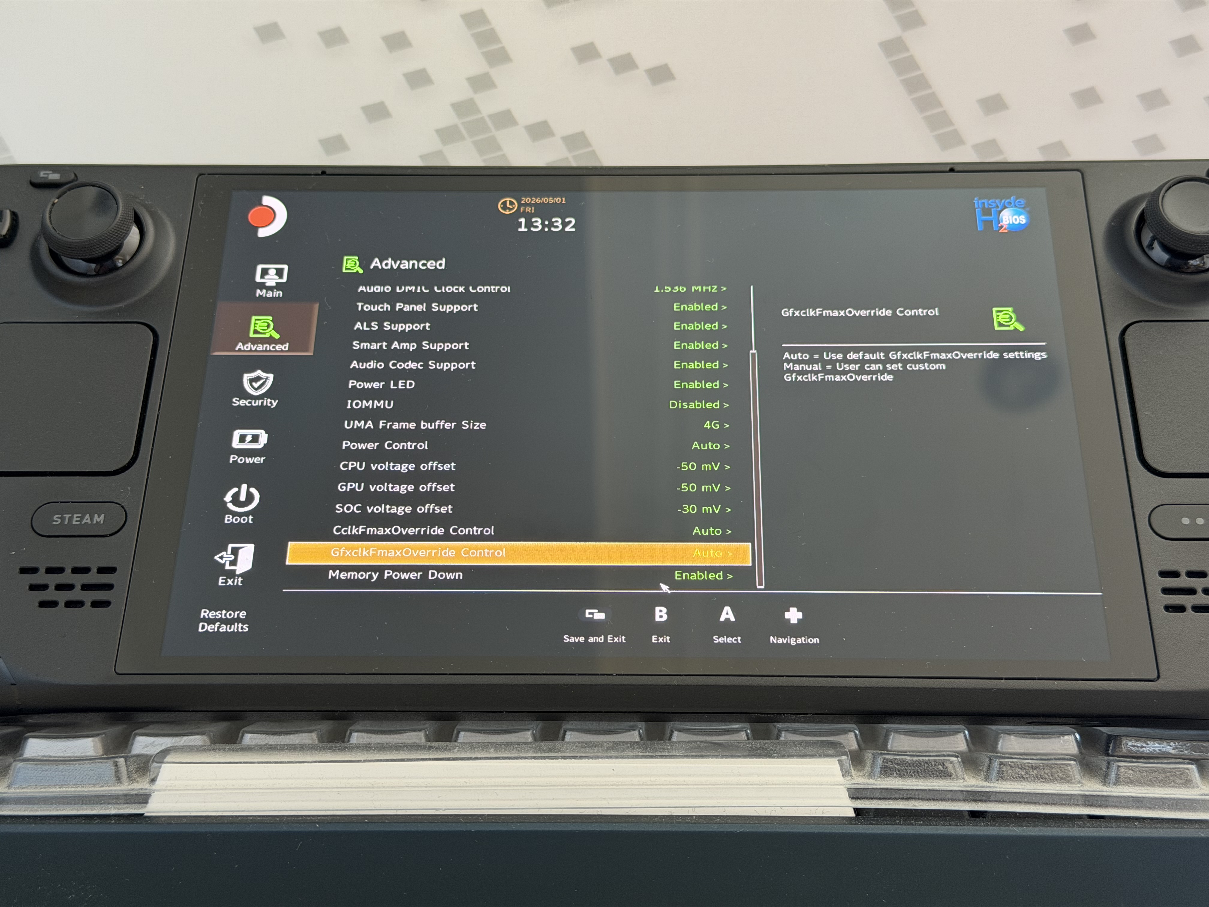 Steam Deck BIOS advanced settings screen showing CPU and GPU voltage offsets set to -50 mV and SOC voltage offset set to -30 mV